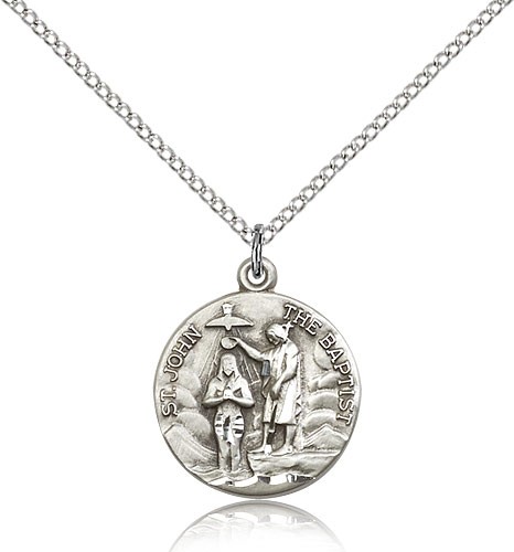 St. John the Baptist Medal, Sterling Silver - 18&quot; 1.2mm Sterling Silver Chain + Clasp