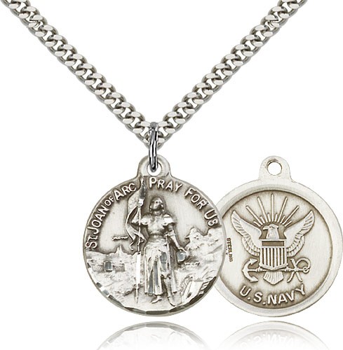 St. Joan of Arc Navy Medal, Sterling Silver - 24&quot; 2.4mm Rhodium Plate Endless Chain