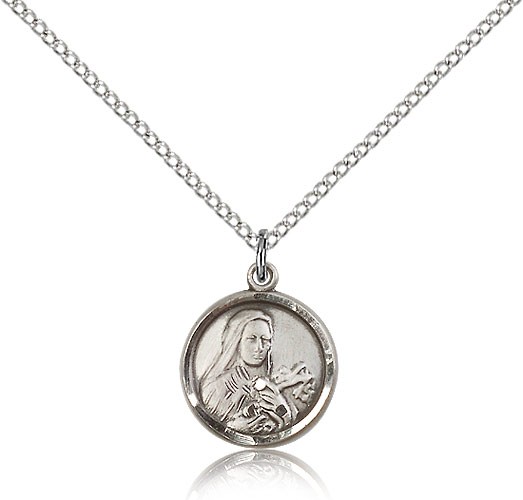 St. Theresa Medal, Sterling Silver - 18&quot; 1.2mm Sterling Silver Chain + Clasp