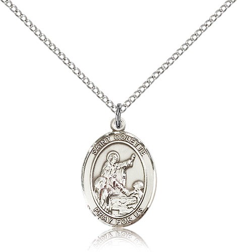 St. Colette Medal, Sterling Silver, Medium - 18&quot; 1.2mm Sterling Silver Chain + Clasp
