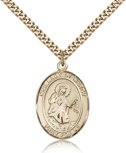 Our Lady of Mercy Medal, Gold Filled, Large - 24&quot; 2.4mm Gold Plated Chain + Clasp