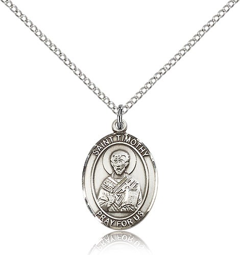 St. Timothy Medal, Sterling Silver, Medium - 18&quot; 1.2mm Sterling Silver Chain + Clasp