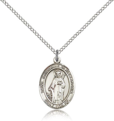 Women's Sterling Silver St. Catherine of Alexandria Medal - 18&quot; 1.2mm Sterling Silver Chain + Clasp