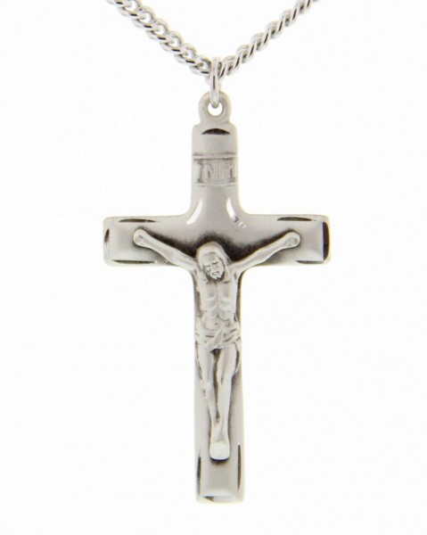 Crucifix Pendant, Sterling Silver - 24&quot; 2.4mm Rhodium Plate Endless Chain