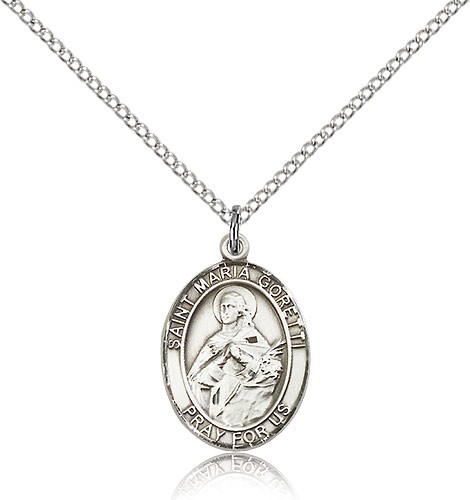 St. Maria Goretti Medal, Sterling Silver, Medium - 18&quot; 1.2mm Sterling Silver Chain + Clasp