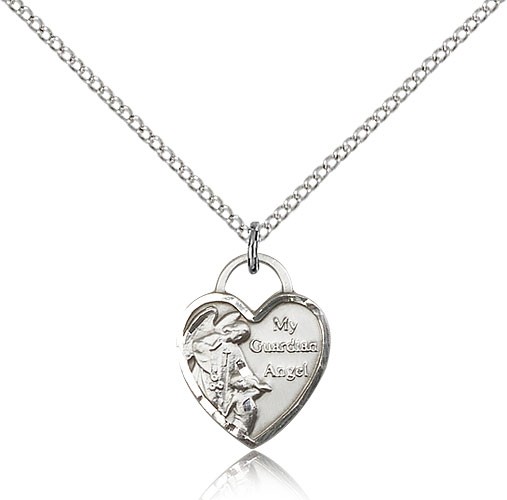 Guardian Angel Heart Medal, Sterling Silver - 18&quot; 1.2mm Sterling Silver Chain + Clasp