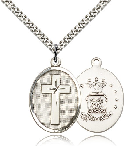 Air Force Cross Pendant, Sterling Silver - 24&quot; 2.4mm Rhodium Plate Endless Chain