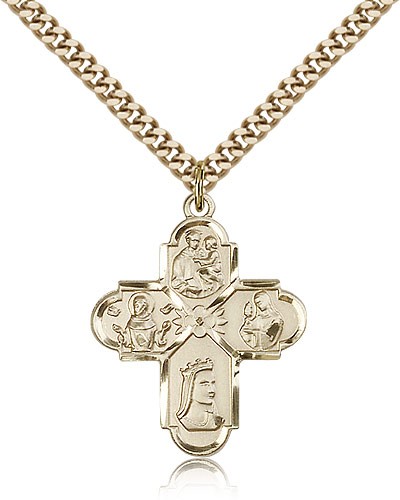 Franciscan 4 Way Cross Pendant, Gold Filled - 24&quot; 2.4mm Gold Plated Endless Chain