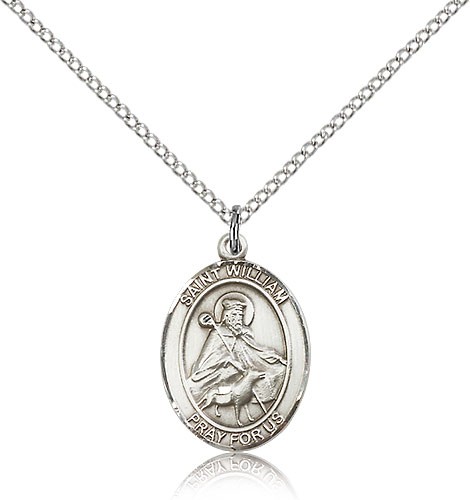 St. William of Rochester Medal, Sterling Silver, Medium - 18&quot; 1.2mm Sterling Silver Chain + Clasp