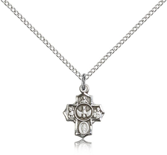 5 Way Cross Pendant, Sterling Silver - 18&quot; 1.2mm Sterling Silver Chain + Clasp