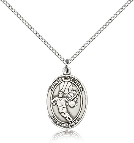St. Sebastian Basketball Medal, Sterling Silver, Medium - 18&quot; 1.2mm Sterling Silver Chain + Clasp