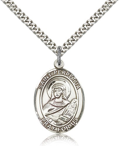 St. Perpetua Medal, Sterling Silver, Large - 24&quot; 2.4mm Rhodium Plate Chain + Clasp
