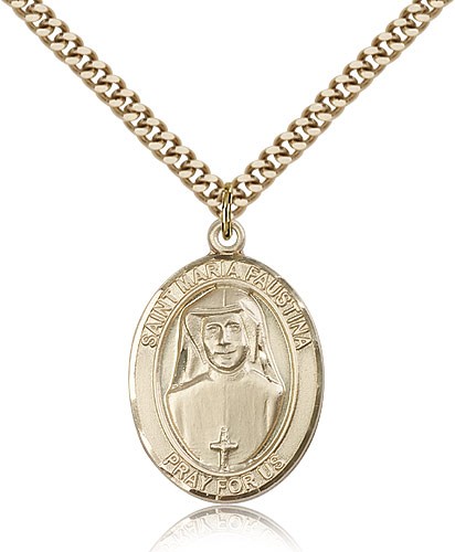 St. Maria Faustina Medal, Gold Filled, Large - 24&quot; 2.4mm Gold Plated Chain + Clasp