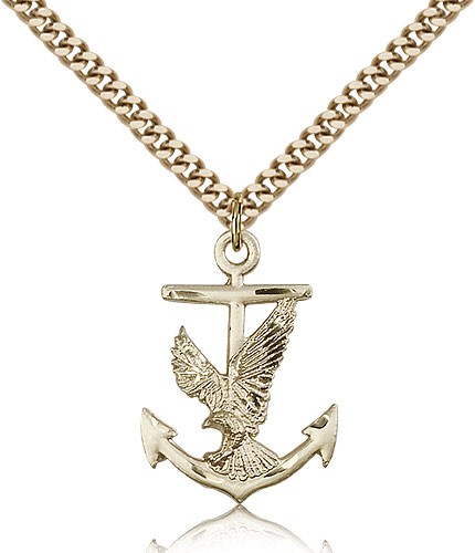 Anchor Eagle Medal, Gold Filled - 24&quot; 2.4mm Gold Plated Endless Chain
