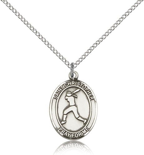 St. Christopher Softball Medal, Sterling Silver, Medium - 18&quot; 1.2mm Sterling Silver Chain + Clasp