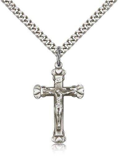 Crucifix Pendant, Sterling Silver - 24&quot; 2.4mm Rhodium Plate Endless Chain