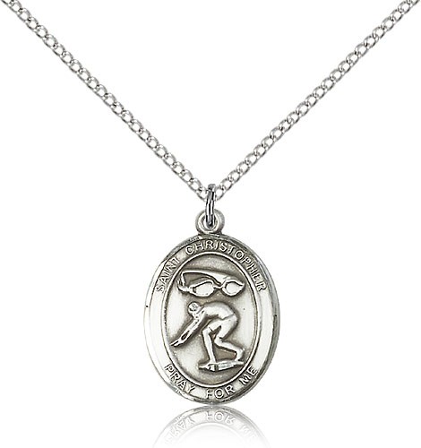 St. Christopher Swimming Medal, Sterling Silver, Medium - 18&quot; 1.2mm Sterling Silver Chain + Clasp