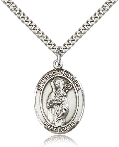 St. Scholastica Medal, Sterling Silver, Large - 24&quot; 2.4mm Rhodium Plate Chain + Clasp