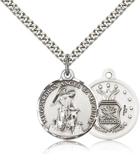 Air Force Guardain Angel Medal, Sterling Silver - 24&quot; 2.4mm Rhodium Plate Endless Chain