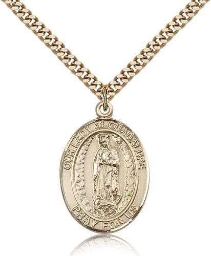 Our Lady of Guadalupe Medal, Gold Filled, Large - 24&quot; 2.4mm Gold Plated Chain + Clasp