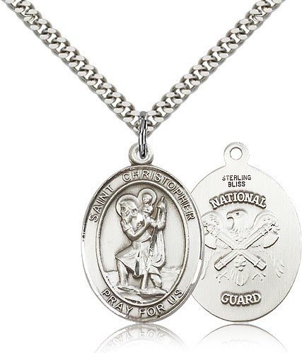 St. Christopher National Guard Medal, Sterling Silver, Large - 24&quot; 2.4mm Rhodium Plate Chain + Clasp