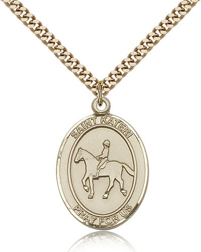 St. Kateri Equestrian Medal, Gold Filled, Large - 24&quot; 2.4mm Gold Plated Chain + Clasp