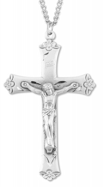 Men's Large Sterling Silver Floral Tip Crucifix Necklace with Chain Options - 24&quot; 3mm Stainless Steel Chain + Clasp