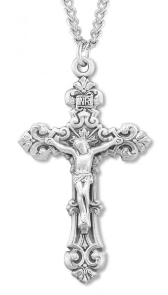 Men's Sterling Silver Fancy Scroll Crucifix Necklace with Chain Options - 24&quot; 3mm Stainless Steel Chain + Clasp