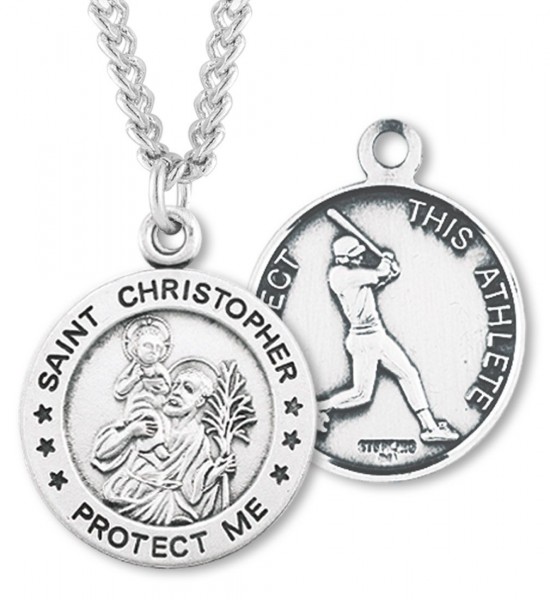 Round Men's St. Christopher Baseball Necklace With Chain - 24&quot; 3mm Stainless Steel Endless Chain