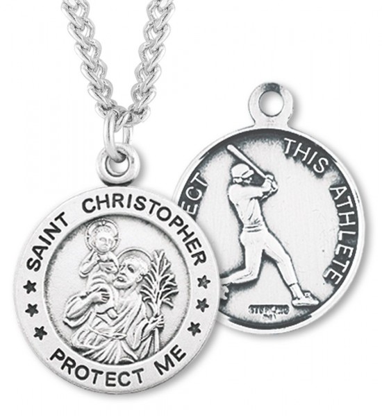 Round Men's St. Christopher Baseball Necklace With Chain - 20&quot; 2.2mm Stainless Steel Chain with Clasp