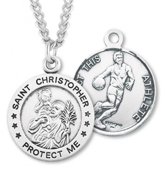Round Men's St. Christopher Basketball Necklace With Chain - 24&quot; 3mm Stainless Steel Endless Chain