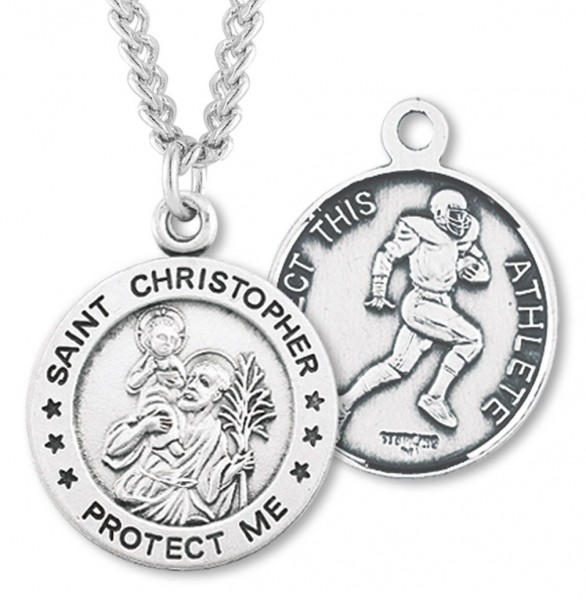 Round Boy's St. Christopher Football Necklace With Chain - 24&quot; 3mm Stainless Steel Endless Chain