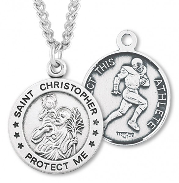 Round Boy's St. Christopher Football Necklace With Chain - 24&quot; 3mm Stainless Steel Chain + Clasp