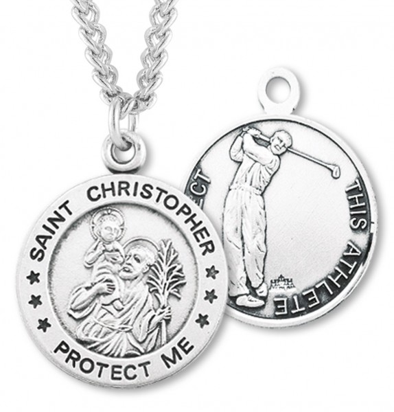 Round Boy's St. Christopher Golf Necklace With Chain - 24&quot; 3mm Stainless Steel Endless Chain