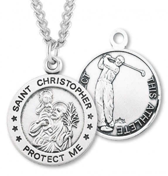 Round Boy's St. Christopher Golf Necklace With Chain - 24&quot; 3mm Stainless Steel Chain + Clasp