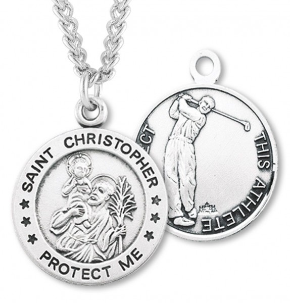 Round Boy's St. Christopher Golf Necklace With Chain - 24&quot; Sterling Silver Chain + Clasp