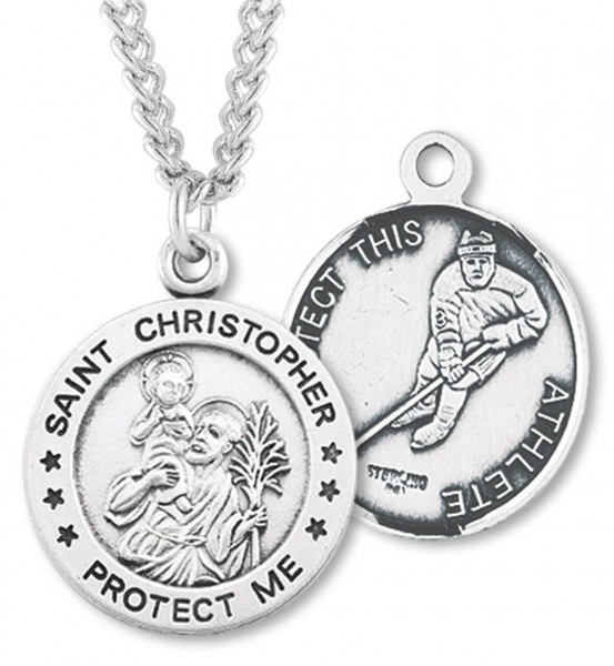 Round Men's St. Christopher Ice Hockey Necklace With Chain - 24&quot; 3mm Stainless Steel Endless Chain