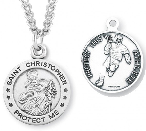 Round Men's St. Christopher Lacrosse Necklace With Chain - 24&quot; 3mm Stainless Steel Endless Chain