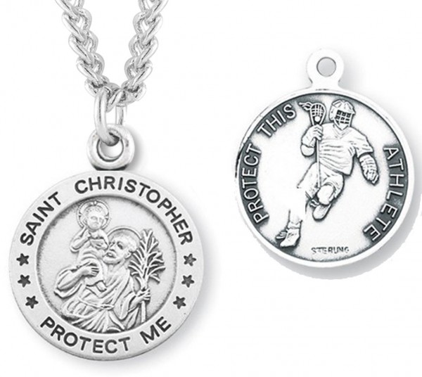 Round Men's St. Christopher Lacrosse Necklace With Chain - 24&quot; 3mm Stainless Steel Chain + Clasp