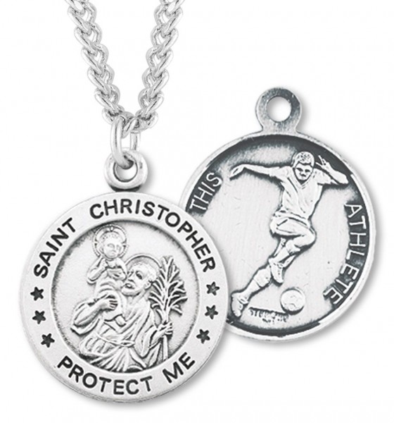 Round Men's St. Christopher Soccer Necklace With Chain - 24&quot; Sterling Silver Chain + Clasp