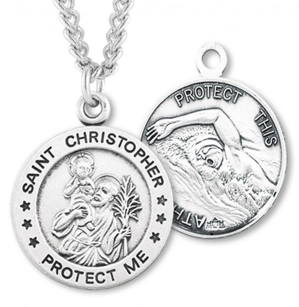 Round Boy's St. Christopher Swimming Necklace With Chain - 24&quot; 3mm Stainless Steel Endless Chain