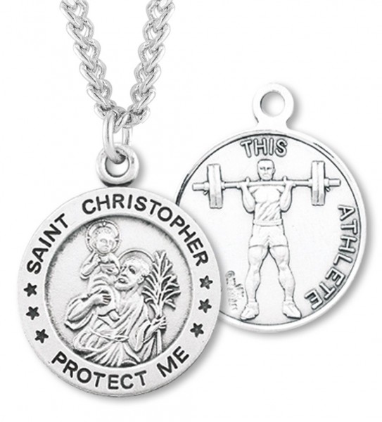 Round Boy's St. Christopher Weight Lifting Necklace With Chain - 24&quot; 3mm Stainless Steel Endless Chain