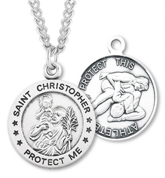 Round Men's St. Christopher Wrestling Necklace With Chain - 24&quot; 3mm Stainless Steel Chain + Clasp