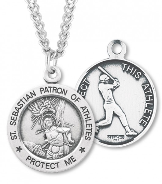 Round Men's Saint Sebastian Baseball Necklace - 24&quot; 3mm Stainless Steel Chain + Clasp