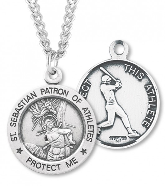 Round Men's Saint Sebastian Baseball Necklace - 24&quot; Sterling Silver Chain + Clasp