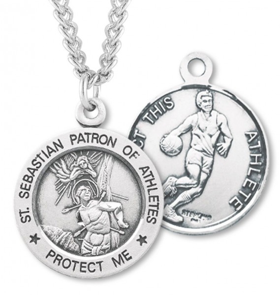 Round Boy's St. Sebastian Basketball Necklace With Chain - 24&quot; 3mm Stainless Steel Chain + Clasp