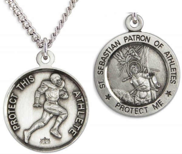 Round Men's St. Sebastian Football Necklace With Chain - 24&quot; 3mm Stainless Steel Chain + Clasp