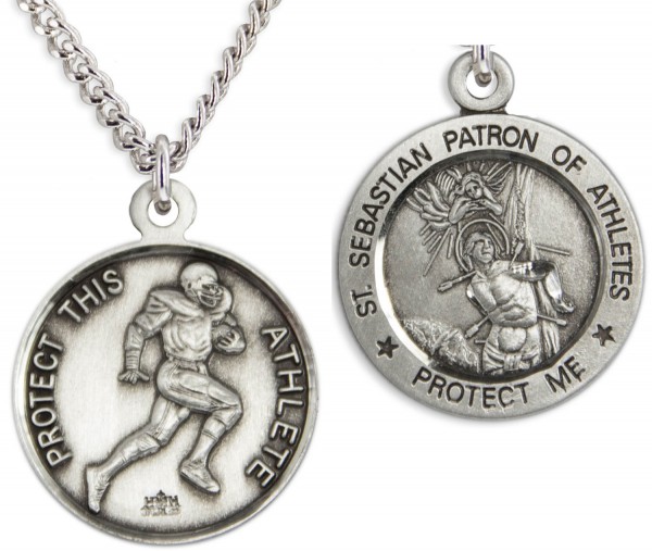 Round Men's St. Sebastian Football Necklace With Chain - 24&quot; Sterling Silver Chain + Clasp