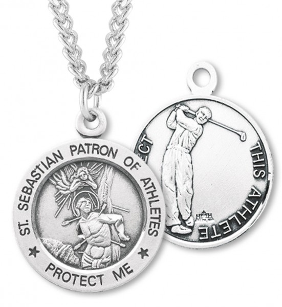 Round Men's St. Sebastian Golf Necklace With Chain - 24&quot; 3mm Stainless Steel Endless Chain