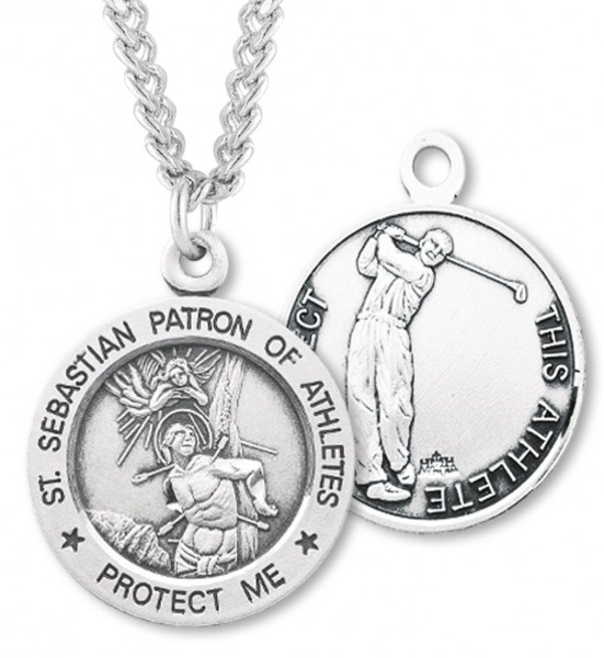 Round Men's St. Sebastian Golf Necklace With Chain - 24&quot; 3mm Stainless Steel Chain + Clasp